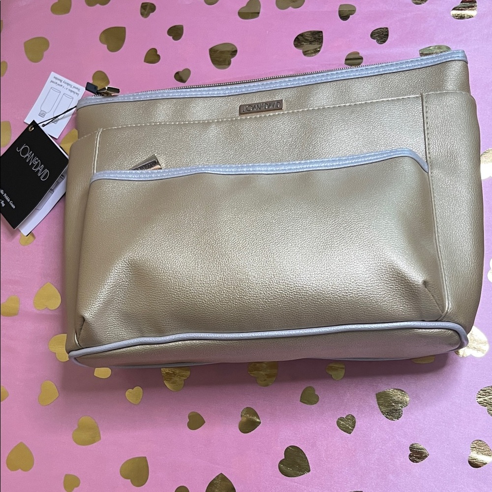 Joan & David Metallic Gold Cosmetic Bag with Silver Accents
